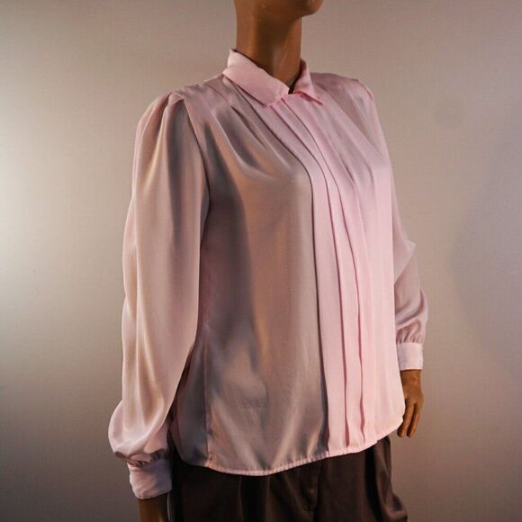 Marlis Vintage Blouse Sz 8 Pleated Front Long Sleeve Blush Pink Shoulder Pads - Picture 4 of 10